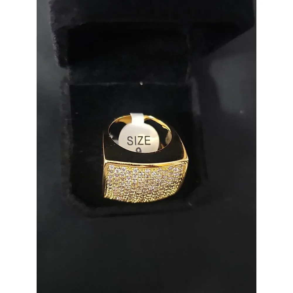 Gold-Plated brass Men's Ring SIZE 9 Square Pavé Cubic Zirconia 24.7mm
